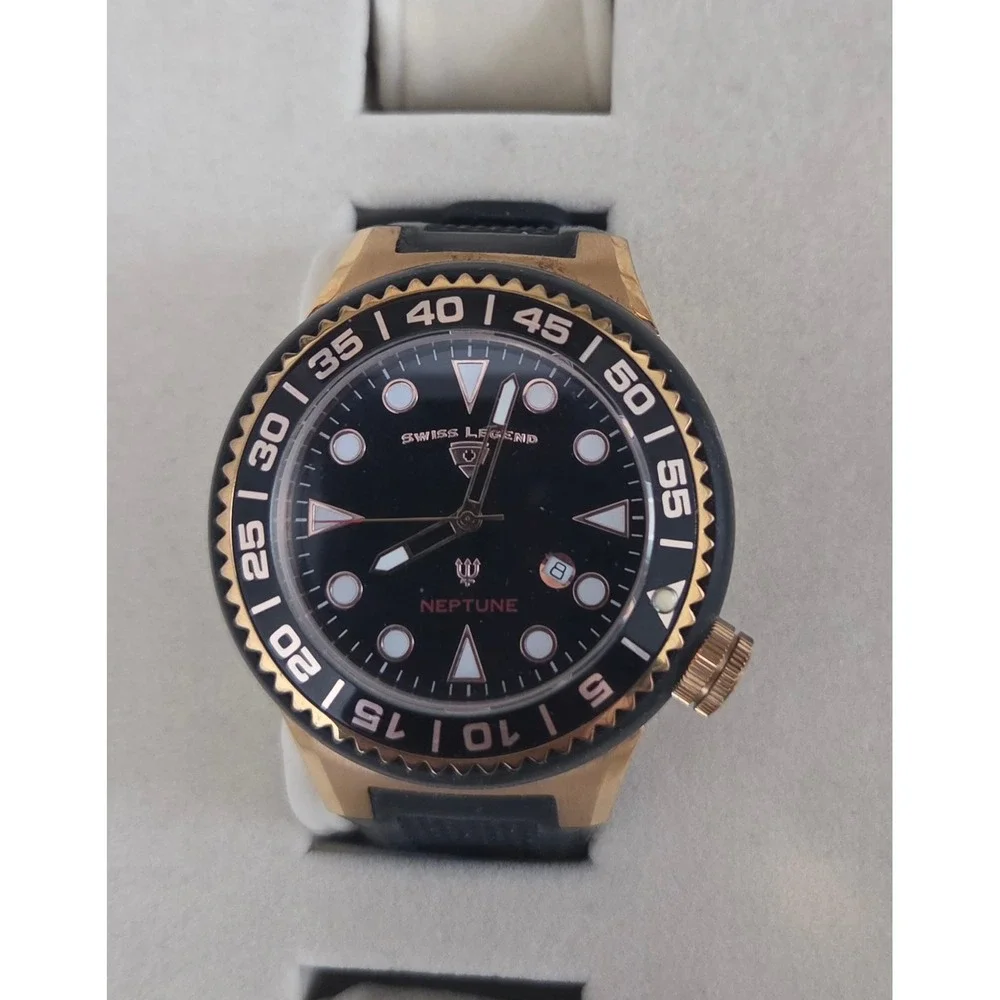 Swiss Legend Neptune 52mm Men's Watch Black Yellow Gold Silicone WORKING
